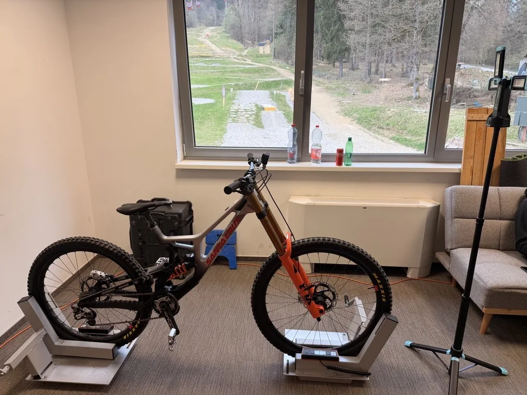 Bike on the scale platforms with the GoPro capture setup.