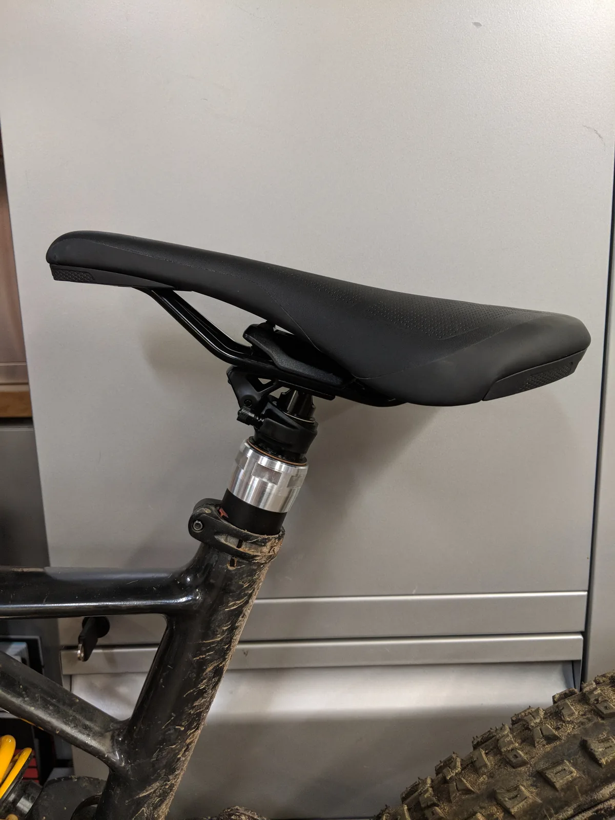 Dropped, under rider weight.