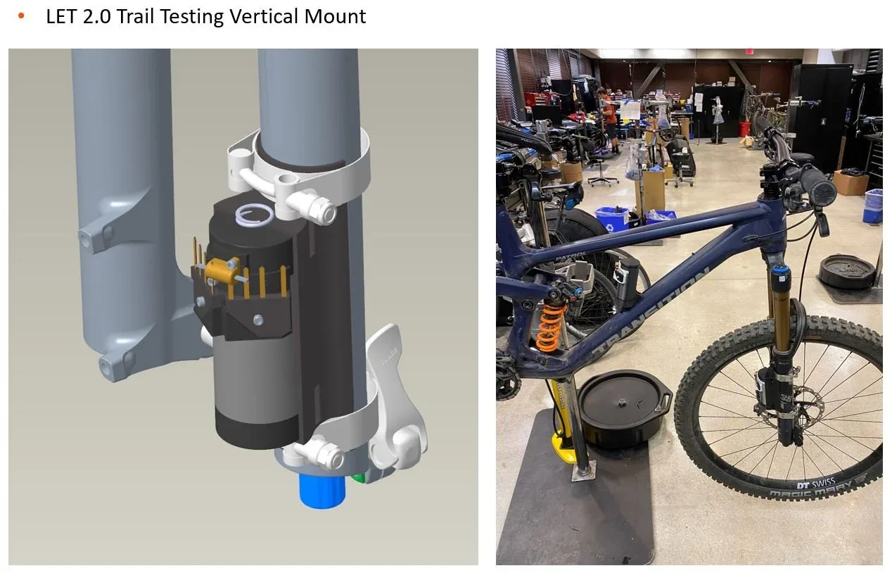 Trail testing — fork-lower vertical mount on the bike.